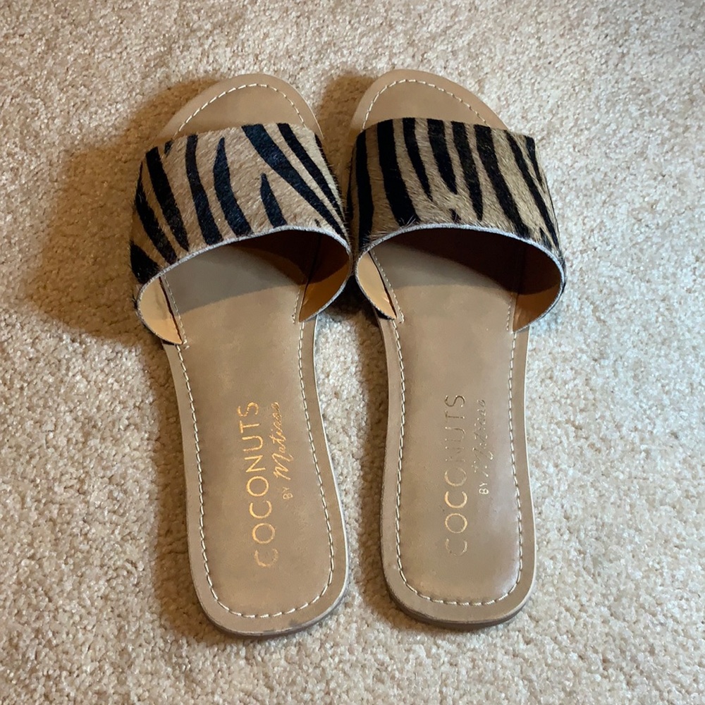 Zebra print calf hair slides